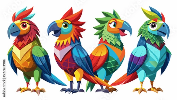 Fototapeta Colorful Geometric Parrots Vector Illustration - Tropical Bird Art Design , Vibrant Polygonal Parrots - Abstract Tropical Bird Vector Art