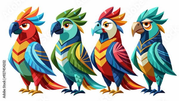 Fototapeta Colorful Geometric Parrots Vector Illustration - Tropical Bird Art Design , Vibrant Polygonal Parrots - Abstract Tropical Bird Vector Art