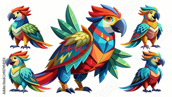 Fototapeta Colorful Geometric Parrots Vector Illustration - Tropical Bird Art Design , Vibrant Polygonal Parrots - Abstract Tropical Bird Vector Art