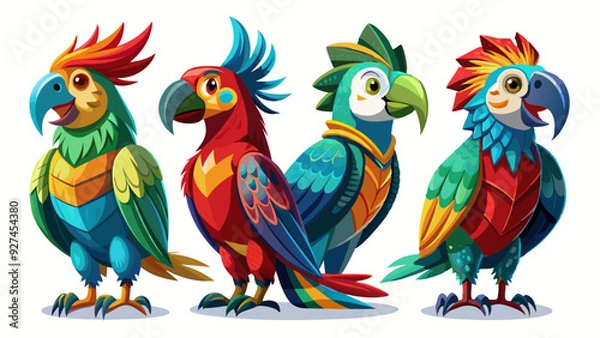 Fototapeta Colorful Geometric Parrots Vector Illustration - Tropical Bird Art Design , Vibrant Polygonal Parrots - Abstract Tropical Bird Vector Art