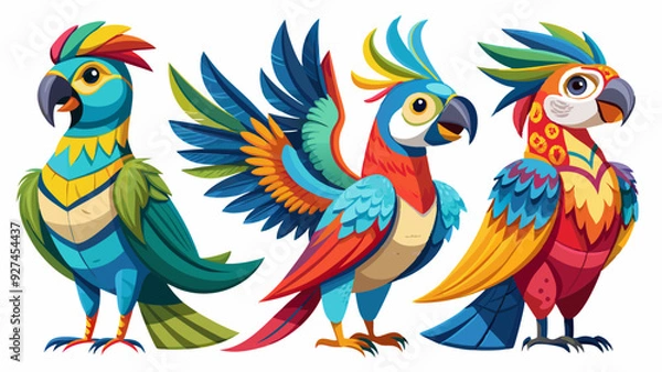 Fototapeta Colorful Geometric Parrots Vector Illustration - Tropical Bird Art Design , Vibrant Polygonal Parrots - Abstract Tropical Bird Vector Art