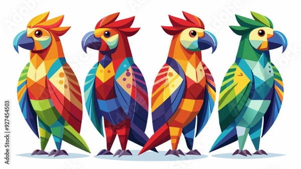 Fototapeta Colorful Geometric Parrots Vector Illustration - Tropical Bird Art Design , Vibrant Polygonal Parrots - Abstract Tropical Bird Vector Art