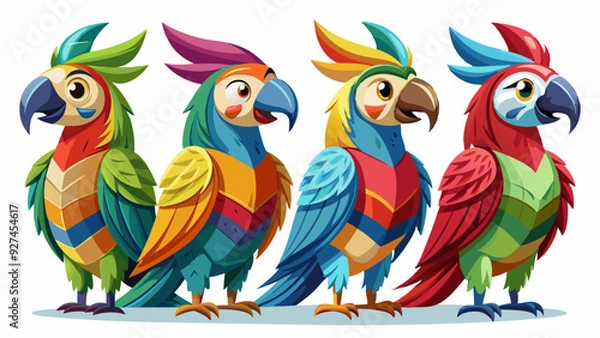 Fototapeta Colorful Geometric Parrots Vector Illustration - Tropical Bird Art Design , Vibrant Polygonal Parrots - Abstract Tropical Bird Vector Art