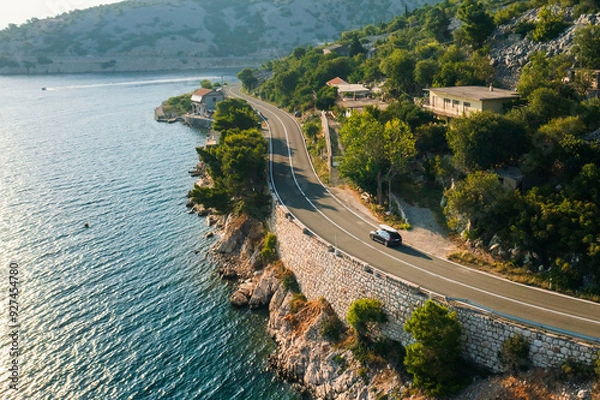 Obraz Car with paddleboard on the roof drives along a narrow coastal road under a clear blue sky.