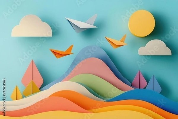 Fototapeta Paper planes navigating through rings, folding steps on display, flat design illustration