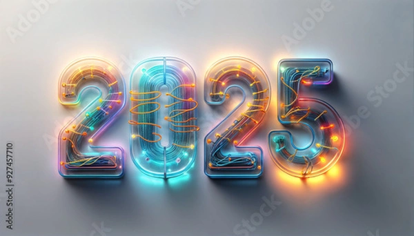 Obraz カレンダー。2025年を想像しながら、数字が輝くSFとファンタジーの世界に思いを馳せる。ネオン管で作られた数字がカラフルな彩りと高い彩度で発光し、未来の明るい希望にワクワクが止まらない。機械やロボットを中心に、回路や電子を駆使したデザインを造形で表現。プロダクトとしてのオブジェがインテリアに新たな価値をもたらす。