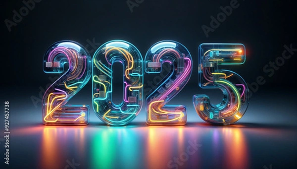 Obraz カレンダー。2025年を想像しながら、数字が輝くSFとファンタジーの世界に思いを馳せる。ネオン管で作られた数字がカラフルな彩りと高い彩度で発光し、未来の明るい希望にワクワクが止まらない。機械やロボットを中心に、回路や電子を駆使したデザインを造形で表現。プロダクトとしてのオブジェがインテリアに新たな価値をもたらす。