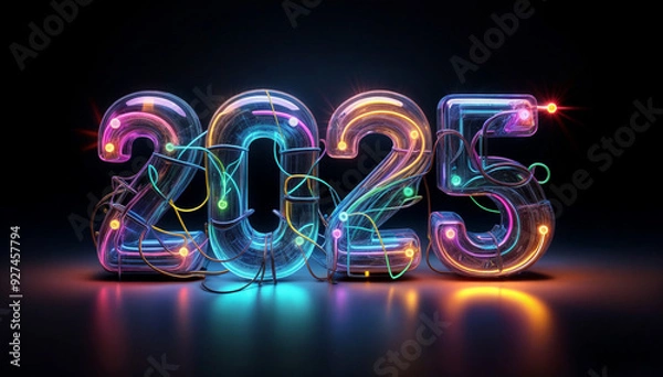 Obraz カレンダー。2025年を想像しながら、数字が輝くSFとファンタジーの世界に思いを馳せる。ネオン管で作られた数字がカラフルな彩りと高い彩度で発光し、未来の明るい希望にワクワクが止まらない。機械やロボットを中心に、回路や電子を駆使したデザインを造形で表現。プロダクトとしてのオブジェがインテリアに新たな価値をもたらす。