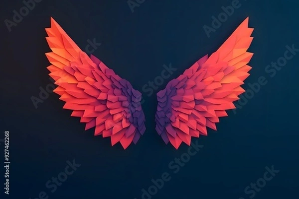 Fototapeta A pair of abstract, geometric wings composed of faceted polygons in hues of orange and red.
