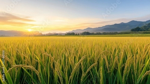 Fototapeta A vast golden rice field at sunrise, with dew on the stalks and a faint mist in the distance