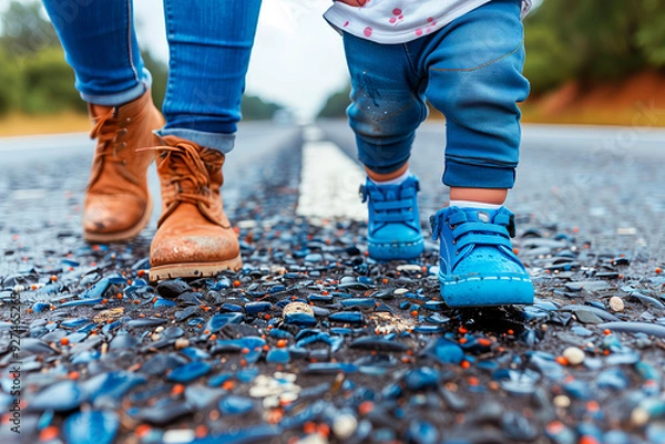 Fototapeta Father and child enjoy a walk on a pebbled path showcasing the warmth of family love and the bond of parenthood.