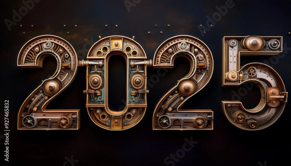 Obraz カレンダー。2025年を想像しながら、数字が輝くSFとファンタジーの世界に思いを馳せる。機械で作られた時計のような数字がキラキラと輝き未来の明るい希望にワクワクが止まらない。一見レトロな機械仕掛けの数字、回路や電子を駆使したデザインを造形で表現。オブジェがインテリアとしても新たな価値をもたらす。