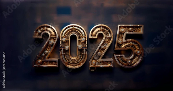 Obraz カレンダー。2025年を想像しながら、数字が輝くSFとファンタジーの世界に思いを馳せる。機械で作られた時計のような数字がキラキラと輝き未来の明るい希望にワクワクが止まらない。一見レトロな機械仕掛けの数字、回路や電子を駆使したデザインを造形で表現。オブジェがインテリアとしても新たな価値をもたらす。
