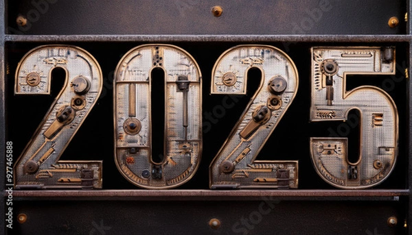 Obraz カレンダー。2025年を想像しながら、数字が輝くSFとファンタジーの世界に思いを馳せる。機械で作られた時計のような数字がキラキラと輝き未来の明るい希望にワクワクが止まらない。一見レトロな機械仕掛けの数字、回路や電子を駆使したデザインを造形で表現。オブジェがインテリアとしても新たな価値をもたらす。
