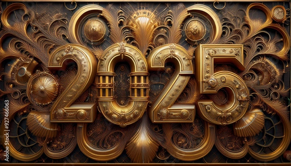 Obraz カレンダー。2025年を想像しながら、数字が輝くSFとファンタジーの世界に思いを馳せる。機械で作られた時計のような数字がキラキラと輝き未来の明るい希望にワクワクが止まらない。一見レトロな機械仕掛けの数字、回路や電子を駆使したデザインを造形で表現。オブジェがインテリアとしても新たな価値をもたらす。