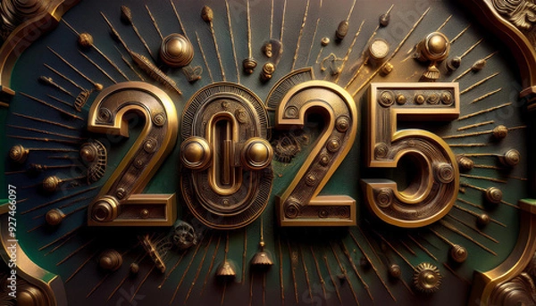 Obraz カレンダー。2025年を想像しながら、数字が輝くSFとファンタジーの世界に思いを馳せる。機械で作られた時計のような数字がキラキラと輝き未来の明るい希望にワクワクが止まらない。一見レトロな機械仕掛けの数字、回路や電子を駆使したデザインを造形で表現。オブジェがインテリアとしても新たな価値をもたらす。