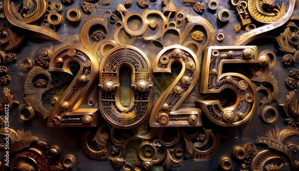 Obraz カレンダー。2025年を想像しながら、数字が輝くSFとファンタジーの世界に思いを馳せる。機械で作られた時計のような数字がキラキラと輝き未来の明るい希望にワクワクが止まらない。一見レトロな機械仕掛けの数字、回路や電子を駆使したデザインを造形で表現。オブジェがインテリアとしても新たな価値をもたらす。