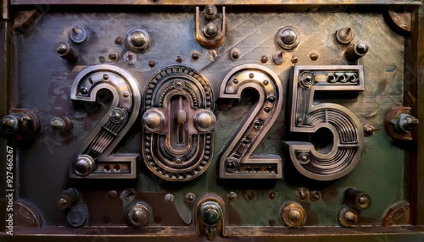 Obraz カレンダー。2025年を想像しながら、数字が輝くSFとファンタジーの世界に思いを馳せる。機械で作られた時計のような数字がキラキラと輝き未来の明るい希望にワクワクが止まらない。一見レトロな機械仕掛けの数字、回路や電子を駆使したデザインを造形で表現。オブジェがインテリアとしても新たな価値をもたらす。