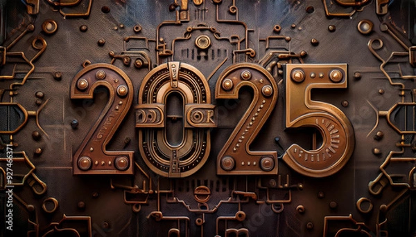 Obraz カレンダー。2025年を想像しながら、数字が輝くSFとファンタジーの世界に思いを馳せる。機械で作られた時計のような数字がキラキラと輝き未来の明るい希望にワクワクが止まらない。一見レトロな機械仕掛けの数字、回路や電子を駆使したデザインを造形で表現。オブジェがインテリアとしても新たな価値をもたらす。