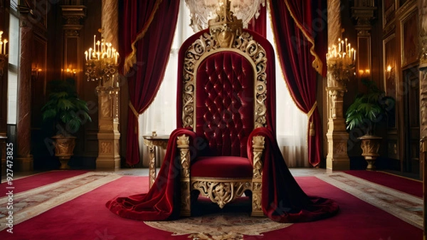 Obraz A red chair with a gold frame and red curtains with candles on it.