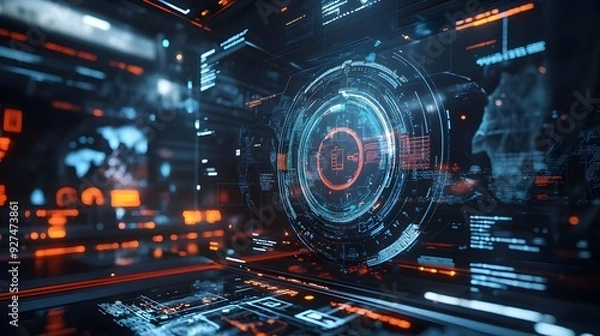 Fototapeta Futuristic Digital Interface with Holographic HUD and Neon Atmosphere