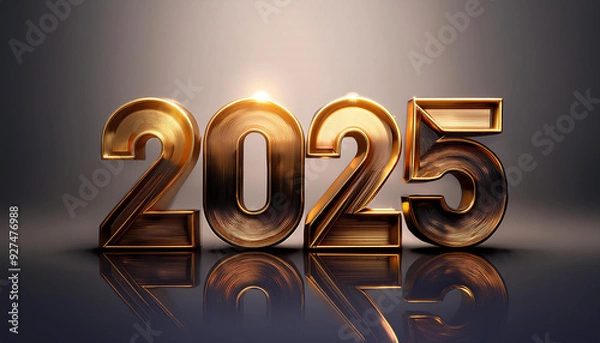 Obraz 金。西暦。2025。金のオブジェ。重厚で重い鉄鋼や樹脂が立体的に自立し、厚みのある金属感を放つ。ゴールドの輝きは磨かれたメタル。金メッキ。硬い。周囲には転がった数字。削りや研磨を経て美しい。混沌とした時代。今後の行く末。未来はどうなる。
