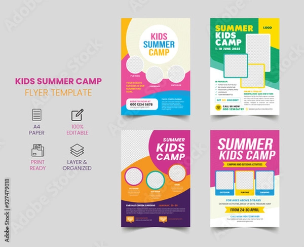 Fototapeta Kids summer flyer design and professional camp leaflet template