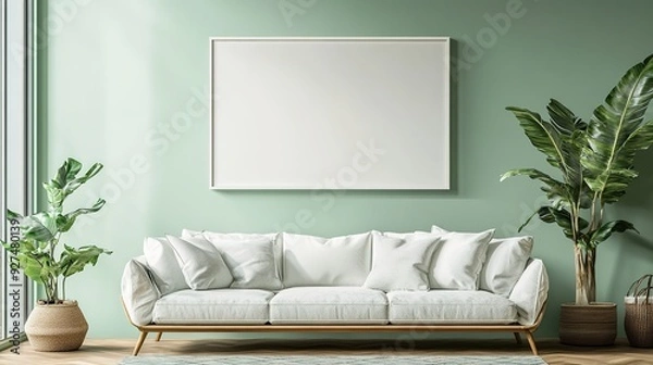 Fototapeta Picture frame mock-up in the interior of a modern living room on a green wall with a sofa and a plant in a vase, transparent wall art mock-up