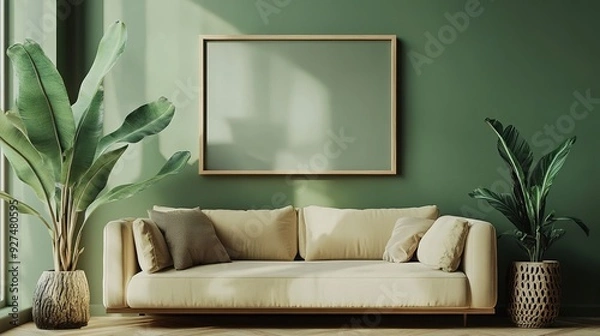 Fototapeta Picture frame mock-up in the interior of a modern living room on a green wall with a sofa and a plant in a vase, transparent wall art mock-up
