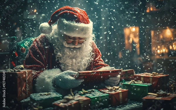 Fototapeta A smiling Santa Claus giving presents, with snow falling around him, creating a magical atmosphere against a dark background.