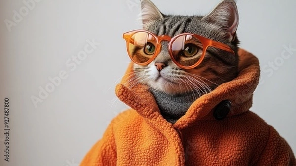 Obraz A fashionable cat poses confidently in a bright orange coat and glasses
