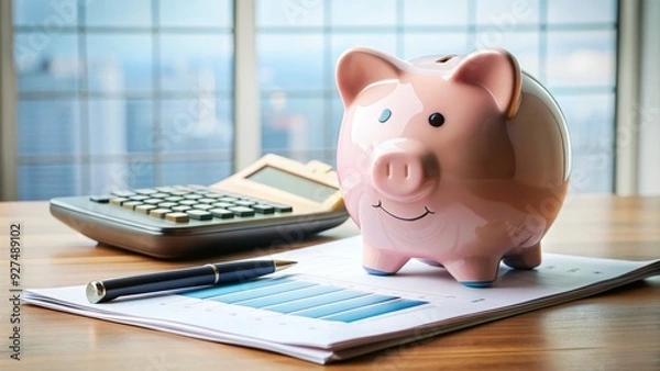 Fototapeta Calculator and piggy bank on a desk surrounded by financial papers, symbolizing strategic planning and savings for a successful Roth IRA conversion strategy.