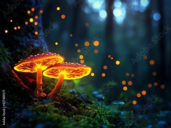 Fototapeta Glowing mushrooms illuminate a dark forest scene, surrounded by shimmering particles of light, creating a magical atmosphere.
