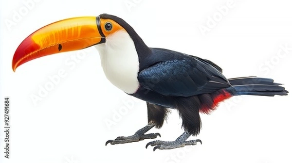 Fototapeta A toucan with a large, colorful beak is standing on a white background.