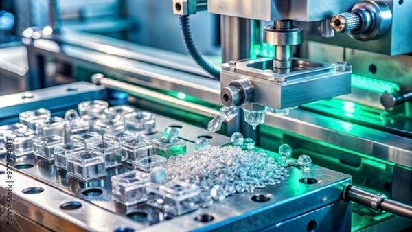 Fototapeta CLOSE-UP OF PLASTIC INJECTION MOLDING MACHINE PRODUCING SMALL TRANSPARENT PLASTIC PARTS WITH METAL MOLDS AND INDUSTRIAL TOOLING IN THE BACKGROUND.