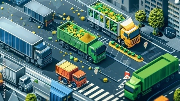 Fototapeta A top-down view of a city intersection with semi-trucks and dump trucks, some are full of yellow and green cargo
