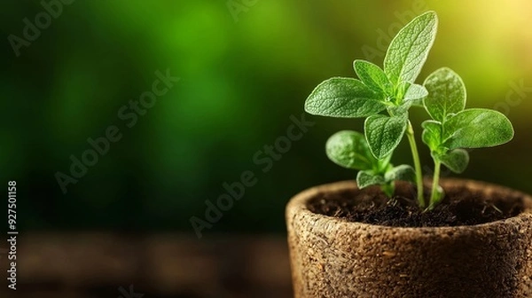 Obraz Small green plant emerging from a natural pot, symbolizing growth and renewal in a vibrant, lush environment.