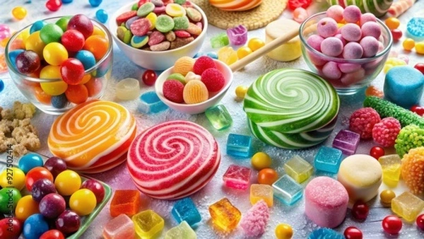 Fototapeta Colorful sugar crystals scattered on a white background, surrounded by assorted candies, lollipops, and sweets, creating a whimsical and playful dessert-themed still life composition.