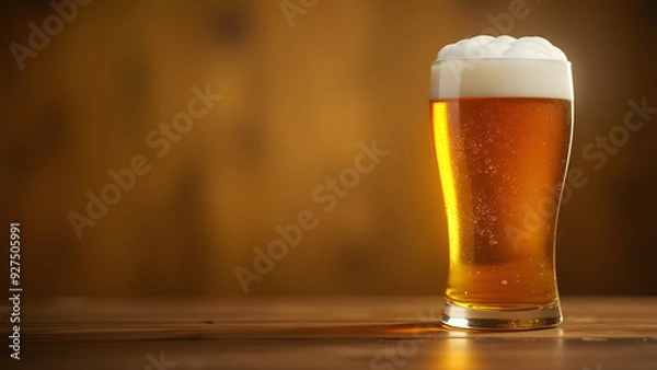 Fototapeta A frothy amber beer glass on a wooden surface with a warm bokeh background
