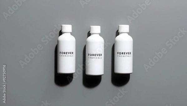 Fototapeta White plastic bottle with "Forever chemicals" text on gray background, Health concerns, Long-term health risks, Environment.