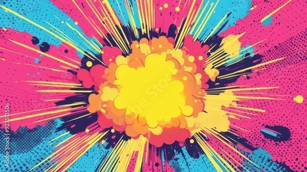 Fototapeta book background with explosion in pop art style, pink and blue colors, yellow center point of attention.