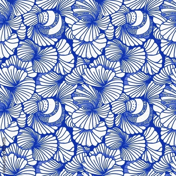 Obraz Azure blue white shell motif with linen seamless batik background, Modern coastal beach cottage rustic shell block print home decor pattern design in sealife beach style.