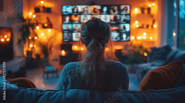 Fototapeta A freelancer attending a virtual meeting while comfortably seated at home.