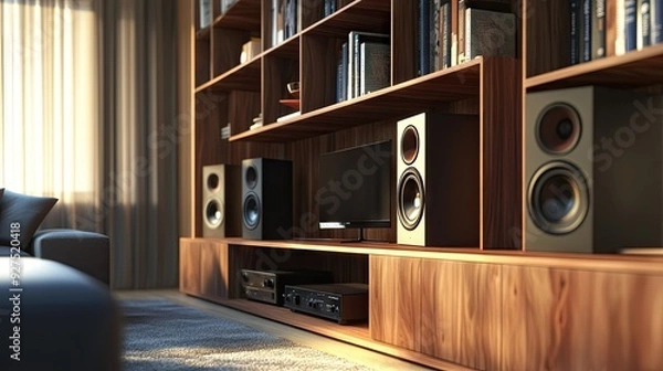 Obraz Bookshelf with modern audio speakers, rendered in 3D for a refined and practical music setup. The integration of speakers into the bookshelf highlights a stylish approach to home audio.