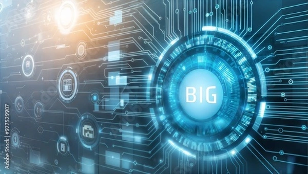 Fototapeta Technology Convergence: A vibrant nexus of data pathways and glowing nodes illustrating the power and reach of modern technology. 