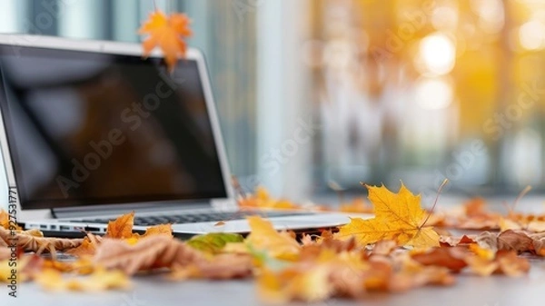 Fototapeta Open laptop amidst autumn leaves, blending work and nature in a serene outdoor setting during fall season.