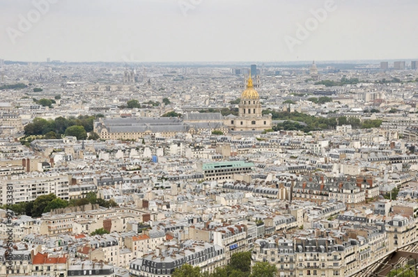 Fototapeta Streets of Paris from the height of the Eiffel Tower. Seine River. Rooftops of Parisian houses.