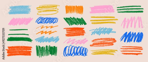 Fototapeta Multi colored charcoal pencil scribble vector set. Vector charcoal smears, horizontal wavy strokes and swirls. Doodle style sketchy lines.  Grungy smears and rough crayon strokes.