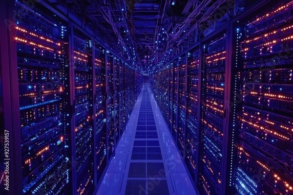 Fototapeta Futuristic Data Center with Rows of Servers and Blinking Lights in Overhead View