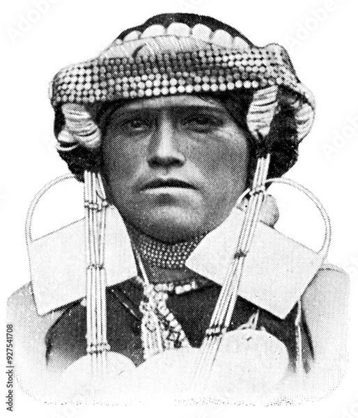 Obraz American peoples. Portrait of Mapuche woman. The Mapuche are a group of indigenous inhabitants of south-central Chile. Publication of the "Meyers encyclopedia", Vol. 7, Leipzig, Germany, 1910.